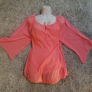 Women's Coral Peasant Blouse with Crochet Trim